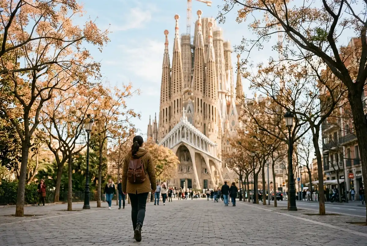 Reiziger geniet van een rustige lentemorgen voor de Sagrada Familia met bloeiende bomen op de voorgrond, als voorbeeld van de beste tijd om sagrada familia te bezoeken