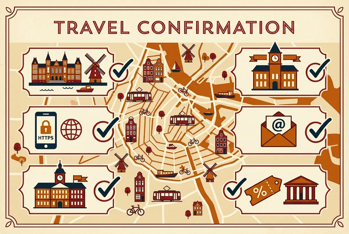 Simple checklist infographic for confirming sagrada familia tickets legit sellers, HTTPS padlock, named company, confirmation email, matching price
