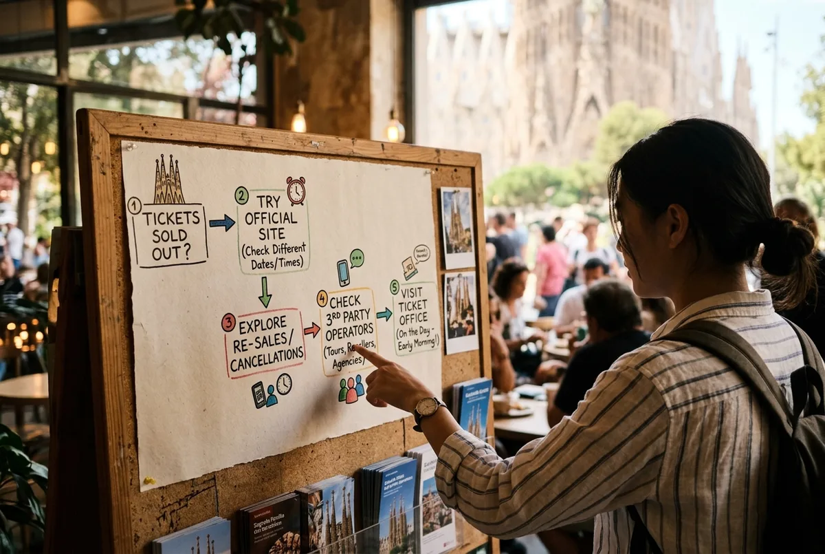 Diagrama de flux mostrant que fer quan una entrada sagrada familia hoy surt exhaurida, des del web oficial fins a una franja diferent, un operador extern i les opcions del mateix dia